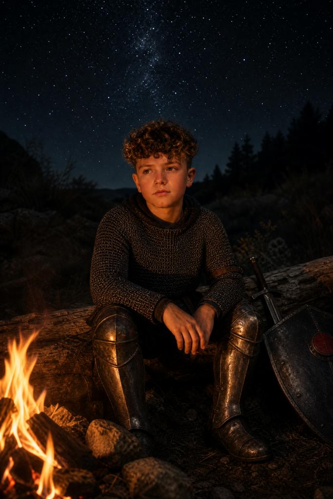 Virtual production character -- young knight in chainmail sitting by a campfire under a starry night sky