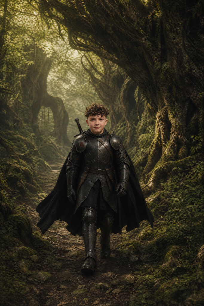 Virtual production character -- young knight in dark plate armor walking through a mossy forest