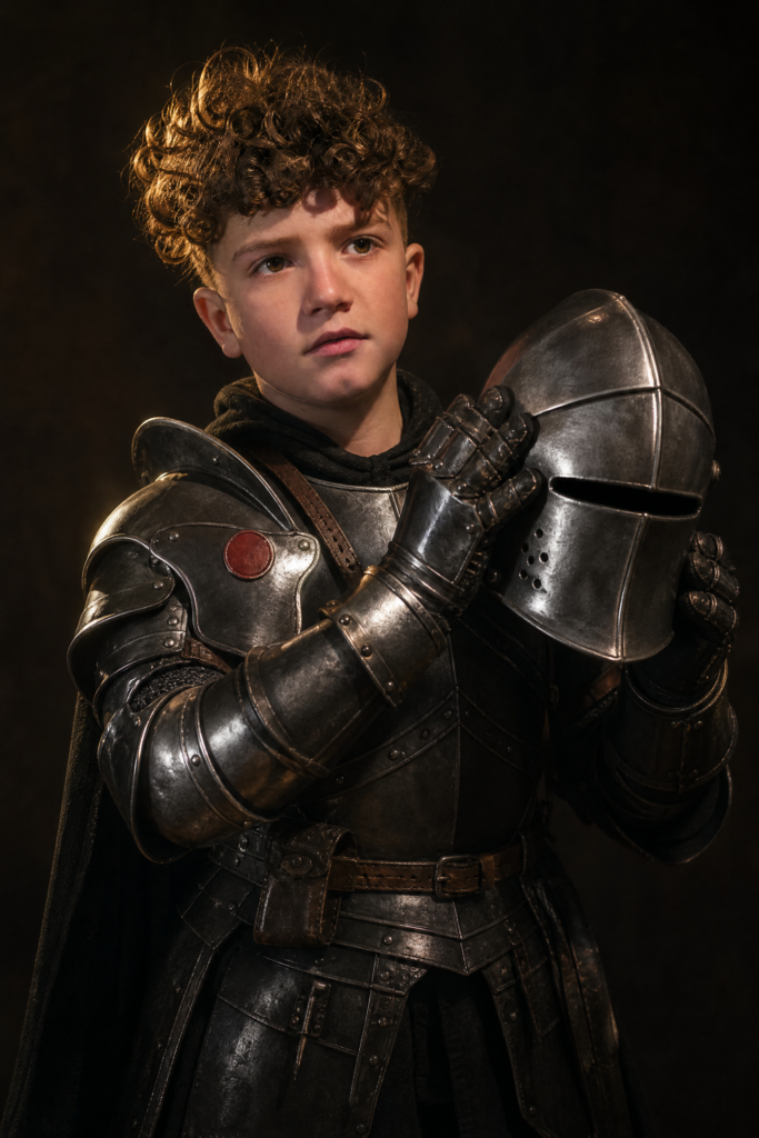 Virtual production character -- young knight in full plate armor holding a helmet, Renaissance portrait style